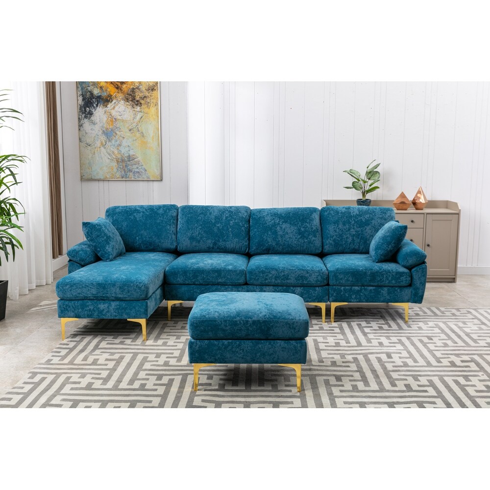 Chenille Sectional Sofas Set U shaped Modular Sofa Removable Recline Couch with Memory Foam Ottomans for Livingroom  Teal Blue