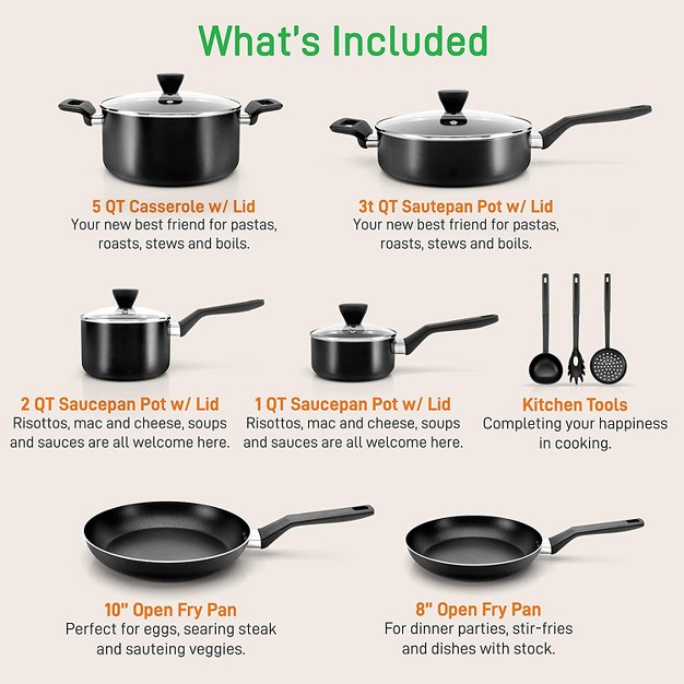 Nutrichef 13 Piece Aluminum Nonstick Kitchen Cookware Pots And Pan Set With Lids Strainer And Cooking Utensils Black