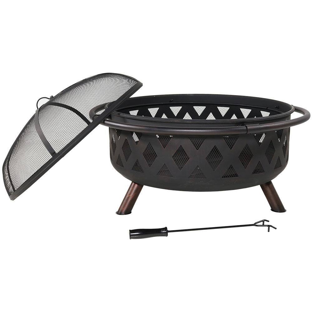 Sunnydaze Decor Black Cross Weave 36 in. x 24 in. Round Steel Wood Burning Fire Pit with Spark Screen NB-610037BLK