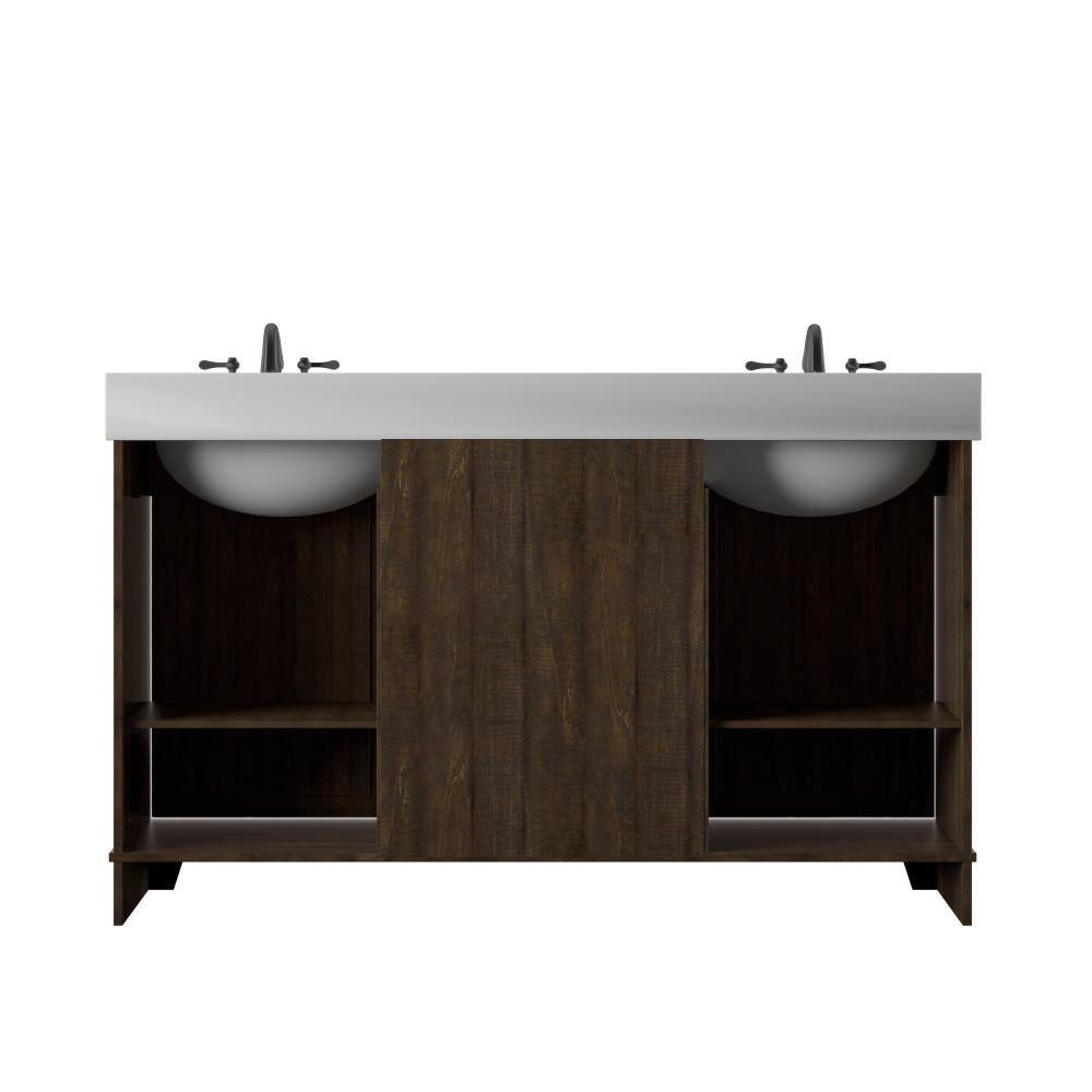 Twin Star Home 60 in.W x 22 in. D x 37.88 in. H Double Sink Bath Vanity in Saw Cut Espresso with White Marble Top and Sliding Barn Door 60BV34004-PD01