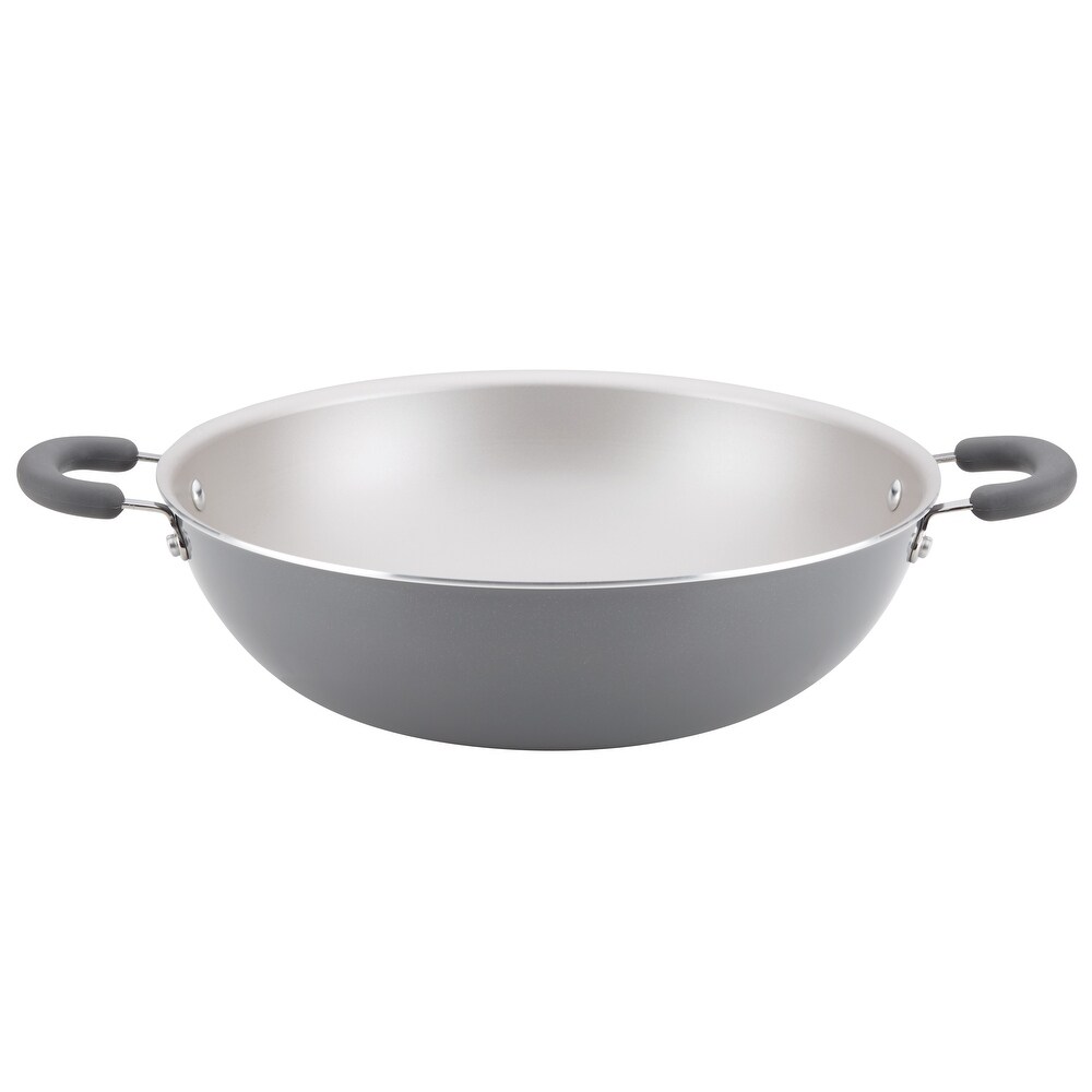 Rachael Ray Create Delicious Aluminum Nonstick Induction Wok  14.25 Inch  Gray Shimmer