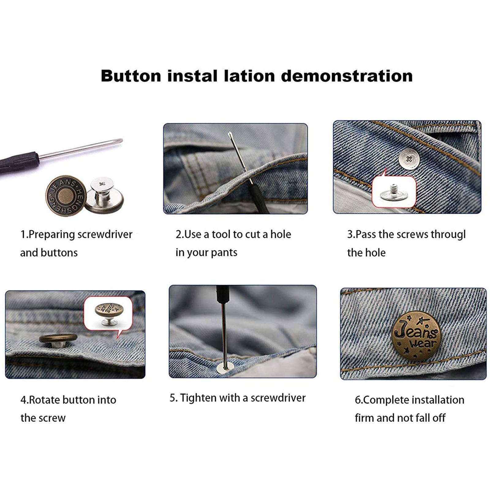 12 Sets 17mm Replacement Jean Buttons， No Sew Instant Button Detachable Pants Button Pins， Removable Metal Button to Extend or Reduce Pants Waist Size， Cowboy Clothing Jackets Bags Button