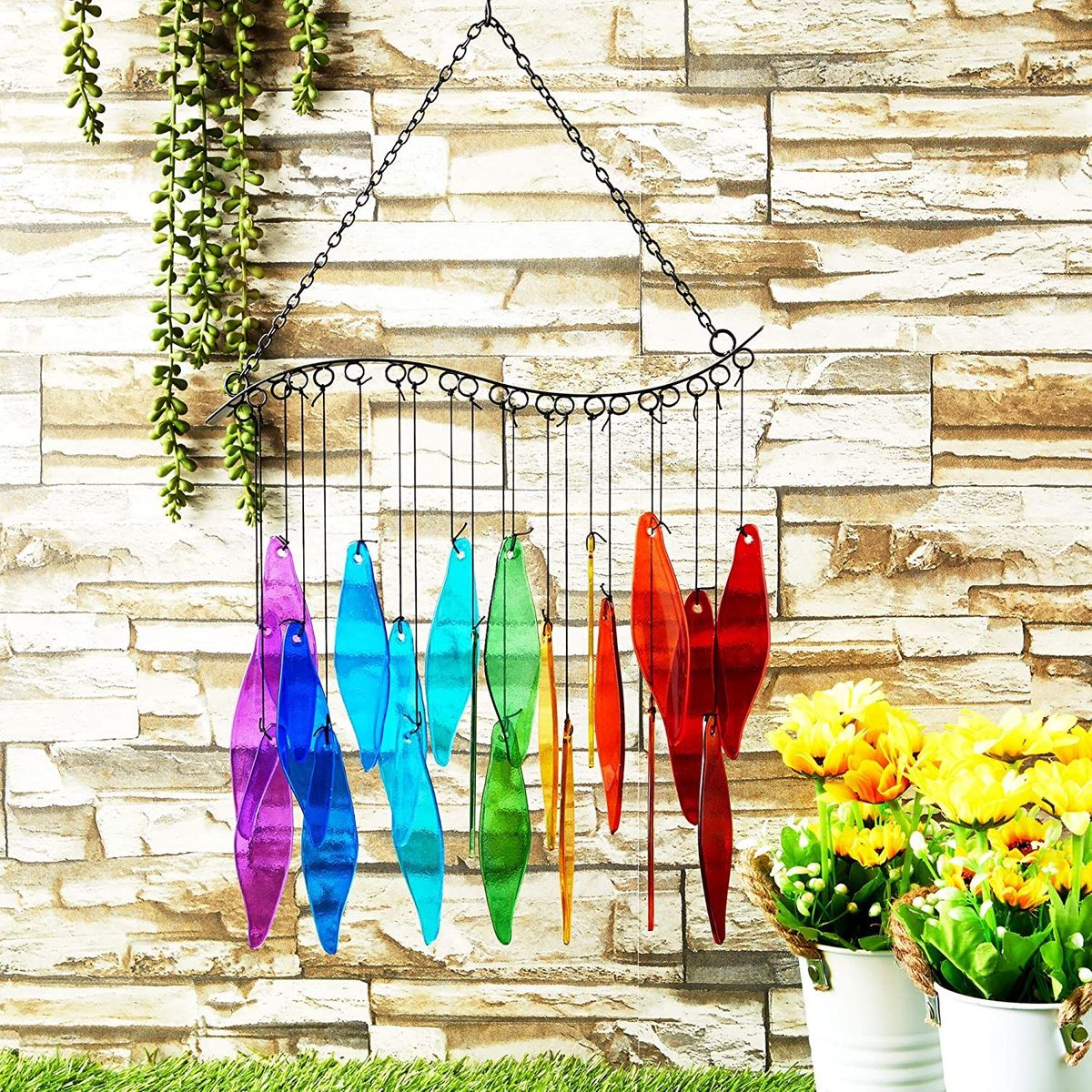 Rainbow Glass Wind Chimes for Outside， Outdoor and Indoor Hanging Decorations， Home Decor， 21 in.