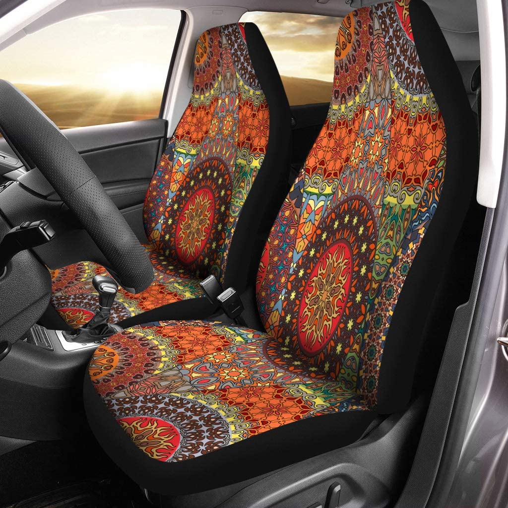 ZHANZZK Set of 2 Car Seat Covers Bohemian Colorful Vintage Floral and Mandala Carpet Ottoman Universal Auto Front Seats Protector Fits for Car，SUV Sedan，Truck