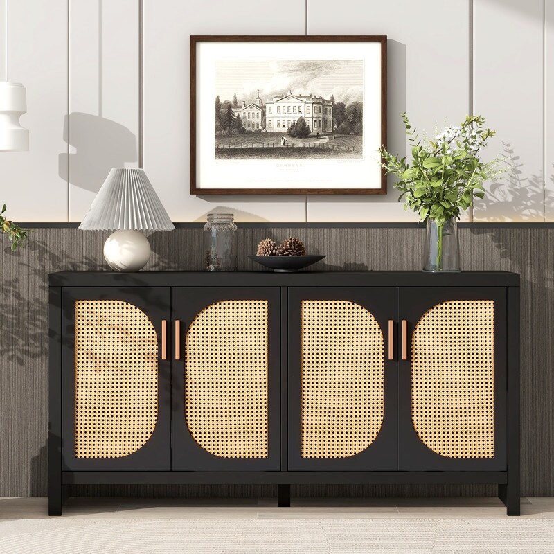 Modern TV Stand with Rattan Doors and Adjustable Shelves  Entertainment Center Media Console Table Storage Sideboard Cabinet