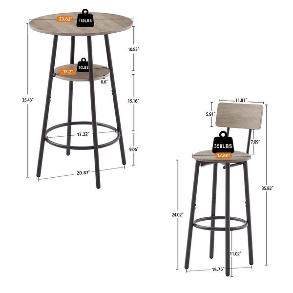 3Pieces Bar Table Set with Double -layer Round Bar Table and 2 Stools