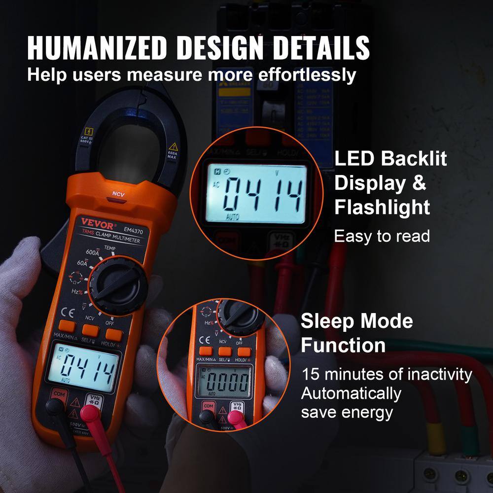 VEVOR 600 Amp Digital Clamp Meter DCAC Multimeter True RMS Auto Ranging 6000 Max Reading NCV Measurement LED Backlight QXBFZDKCWACDC2IU7V0