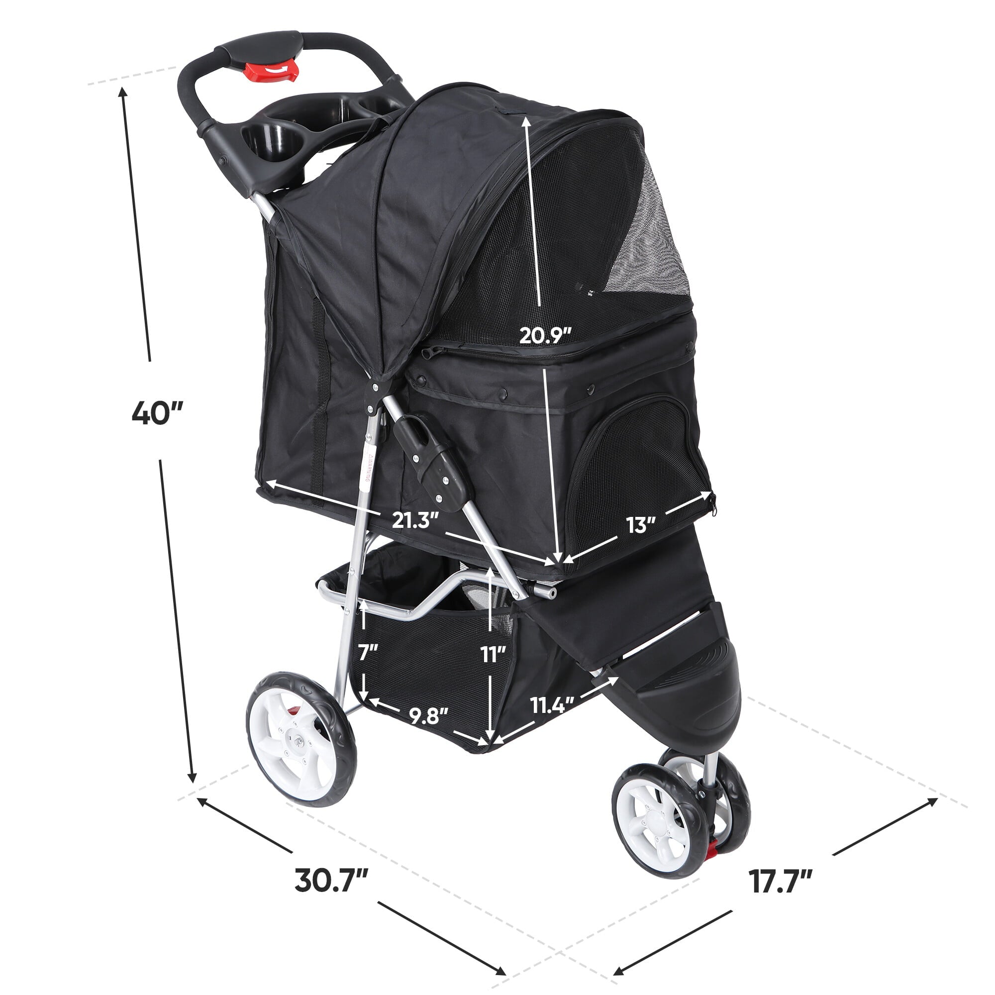 ZENY Three Wheels Pet Stroller， 360 Rotation， Folding Convertible Design， Black