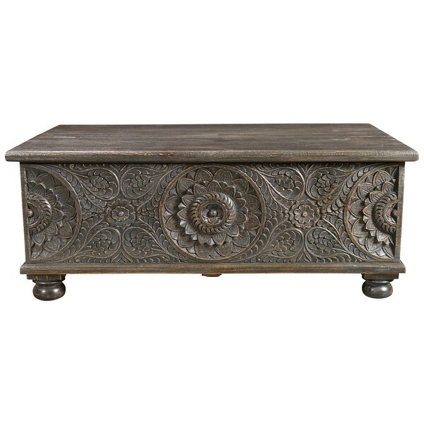 Florence Floral Carved Wood Coffee Table with Storage in Antique Black