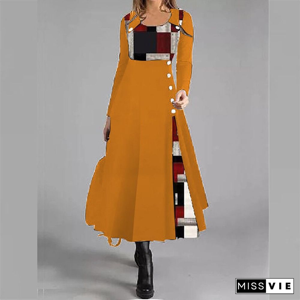 Women O-Neck Patchwork Button Loose Pullover Long Dress Autumn Pattern Print A-Line Party Dress Fashion Casual Office Lady Dress