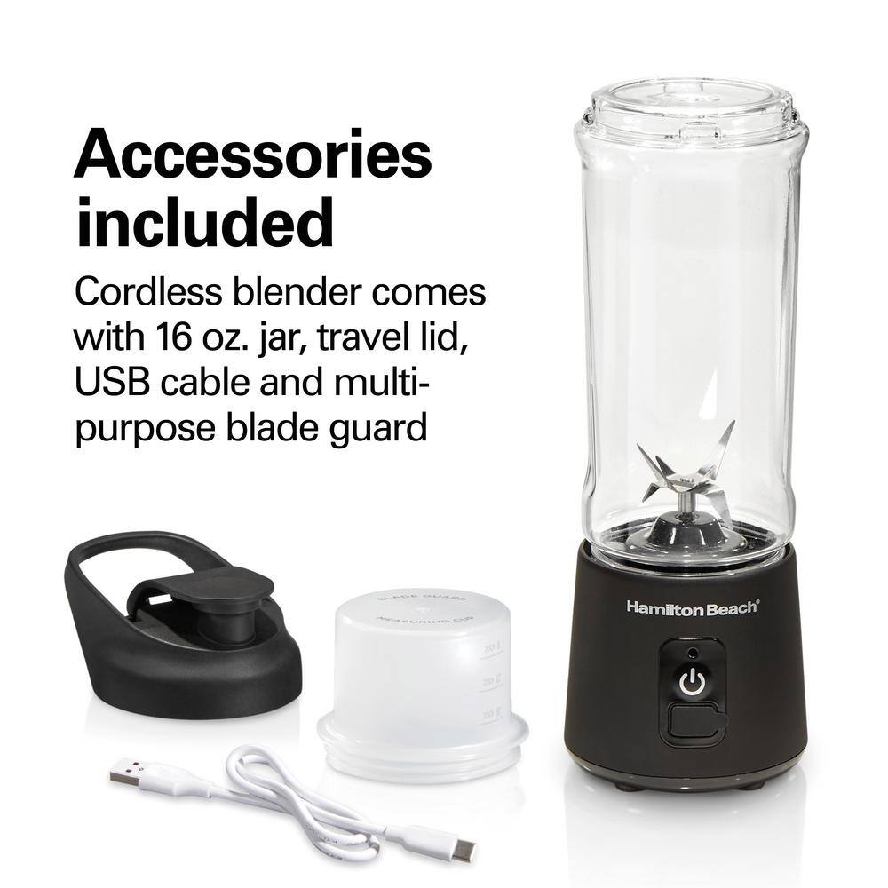 Hamilton Beach Blend Now 16 oz. Single Speed Black Cordless Portable Blender with Travel Lid 51180