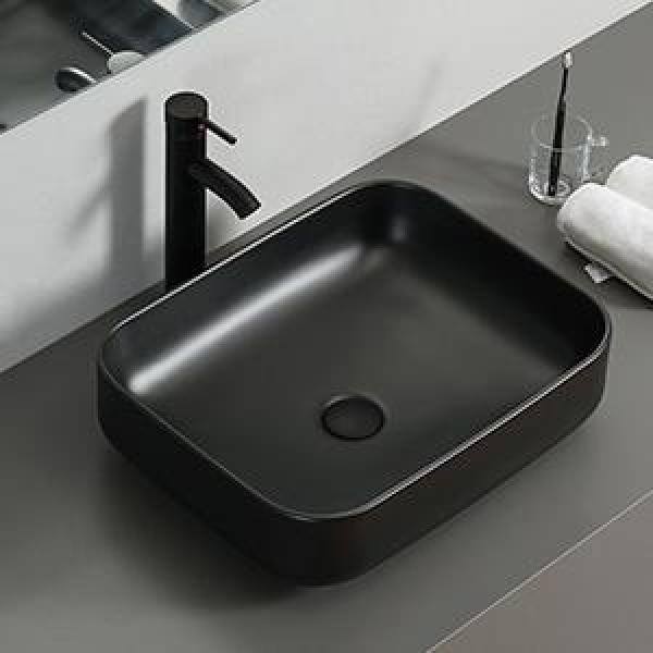 Puluomis Black Ceramic Rectangular Vessel Sink with Unique Full Black Design with Black Faucet Pop up Drain Set US-BG1008