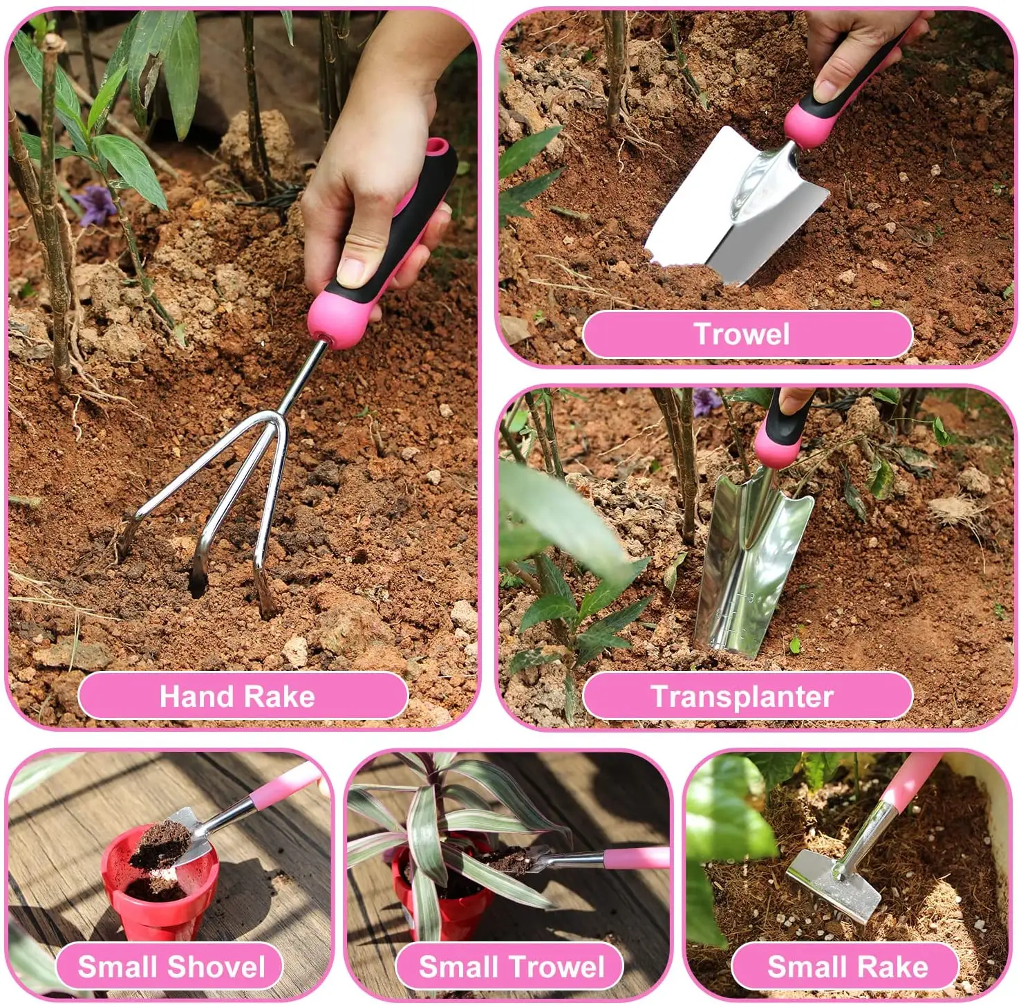 Top Sale 11pcs Stainless Steel Pink  Gardening Hand Tool Set  with Oxford Bag for Women  Pink garden tool set