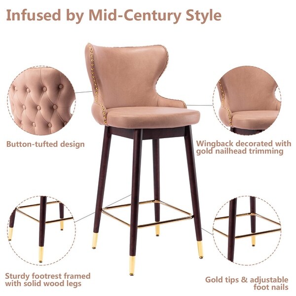 29.5 Inch Bar Height Bar Stools Set of 2， Bar Chair with Wingback and Footrest， Counter Stool with Nailhead Trim - as picture