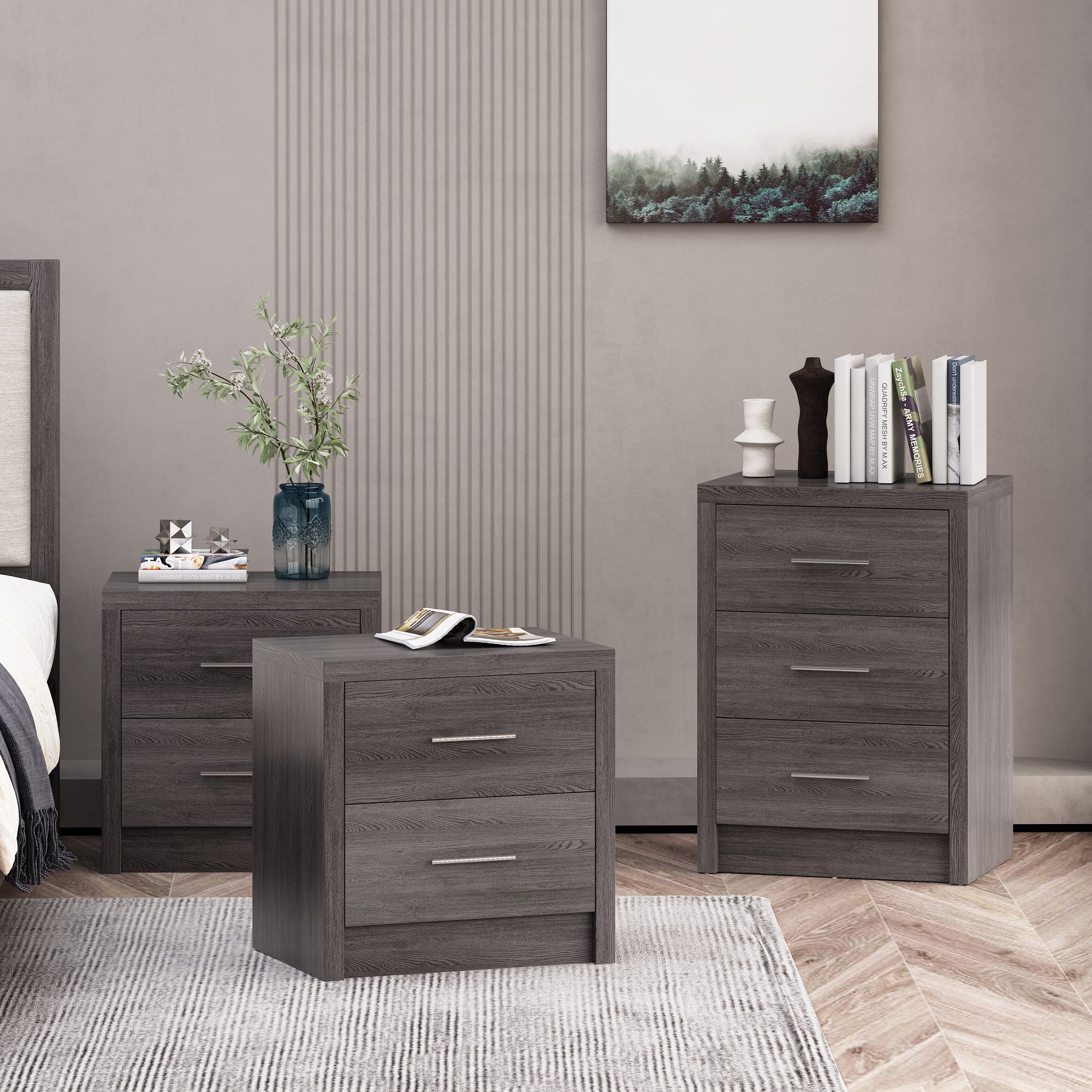 Marlette Modern 3 Piece 3 Drawer Dresser and Nightstand Bedroom Set