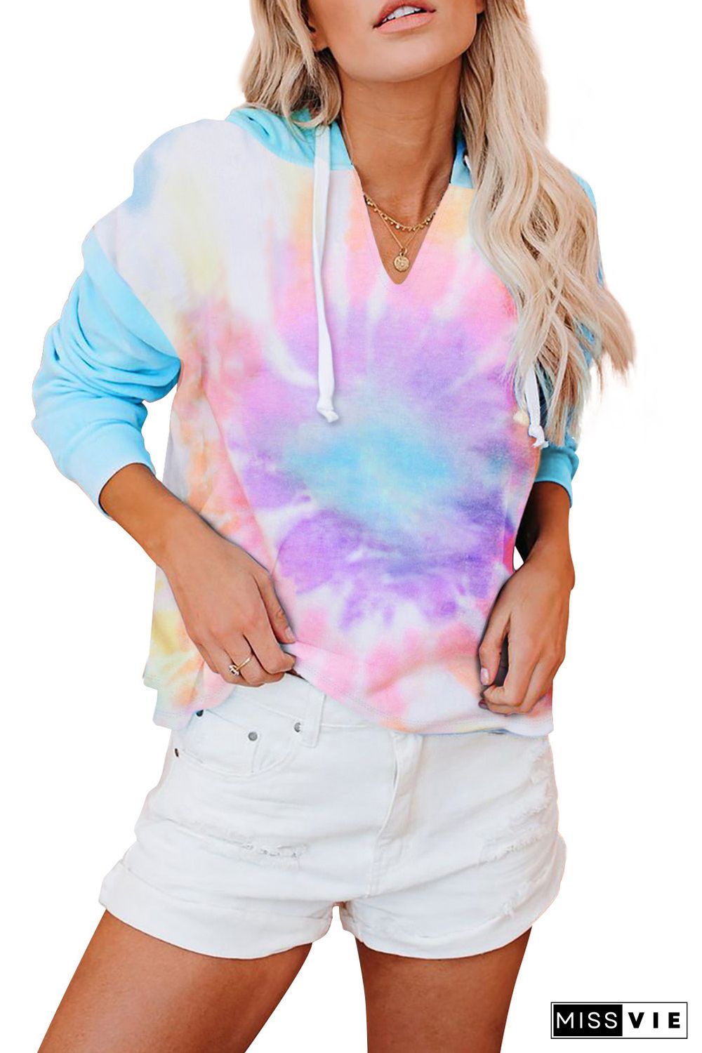 Sky Blue Colorblock The Sun Cotton Blend Tie Dye Hoodie