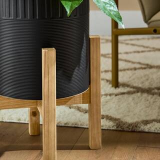 Vigoro 10 in. Clementine Medium Black Ceramic Planter (10 in. D x 16 in. H) with Wood Stand CT826L-MTBK