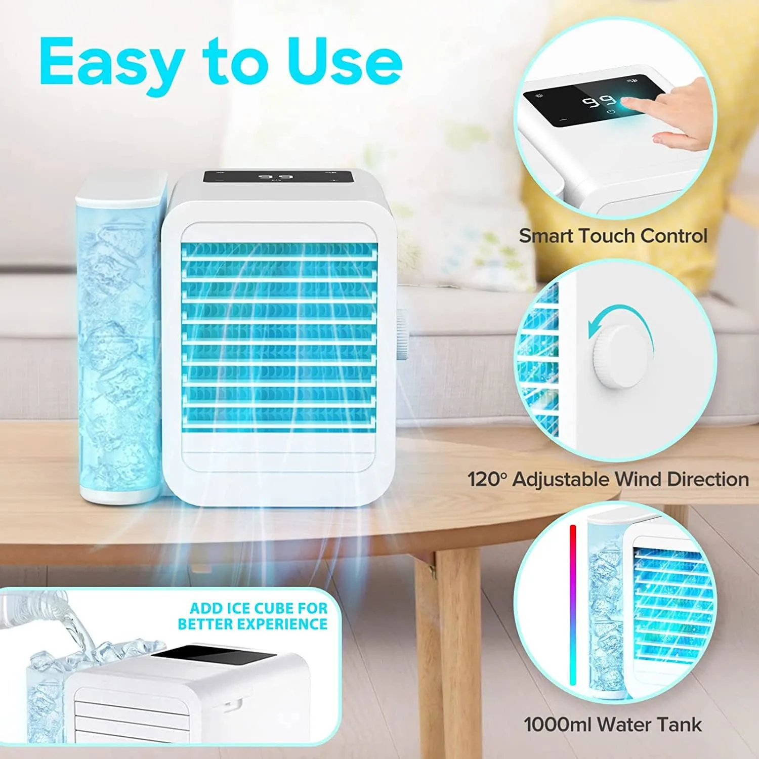 Portable Air Conditioners Fan: 1000ml Evaporative Mini Air Cooler with 3 Speeds, 7 LED Light, Personal Air Cooler Desktop Cooling Fan, Air Conditioner Portable AC Unit for Home Room Office Desk