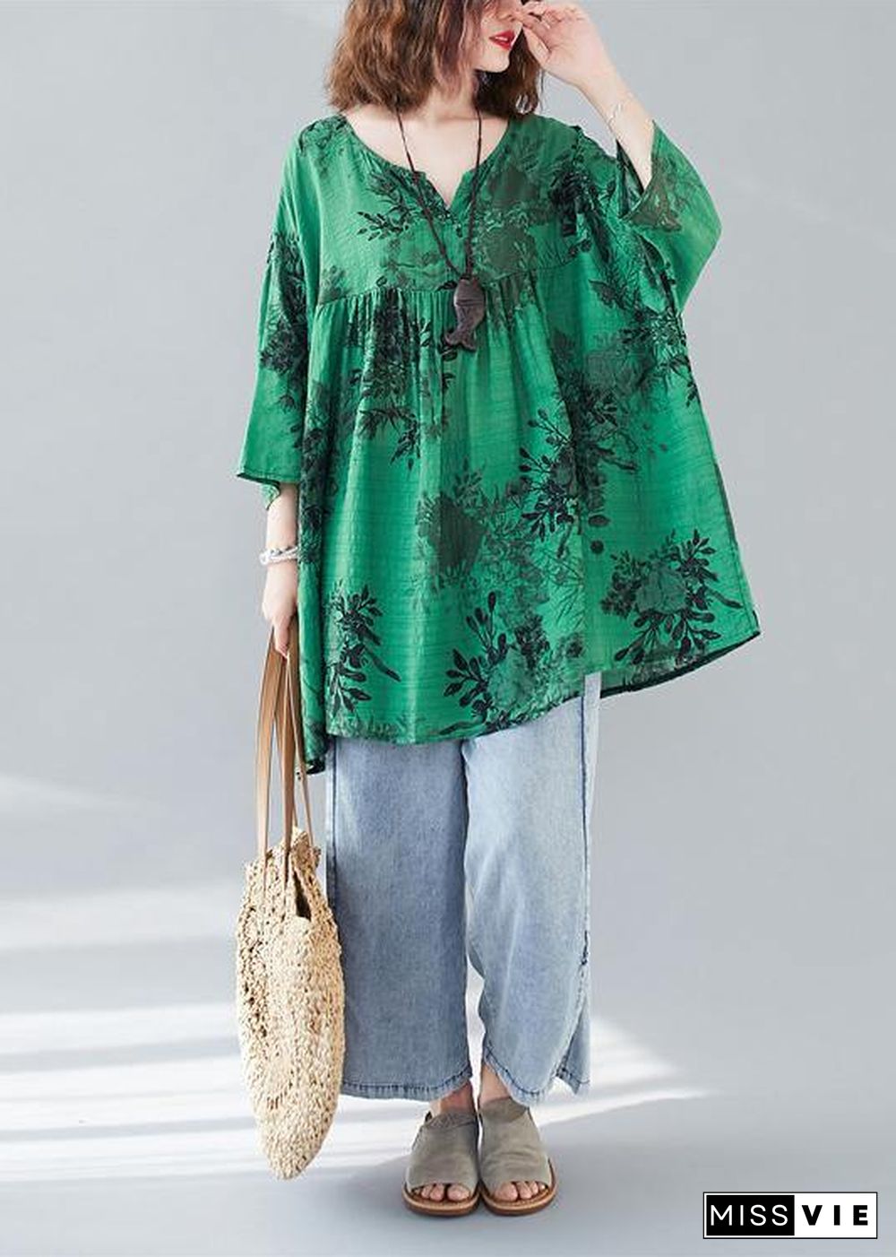 Organic loose cotton linen summerclothes green prints v neck loose blouse