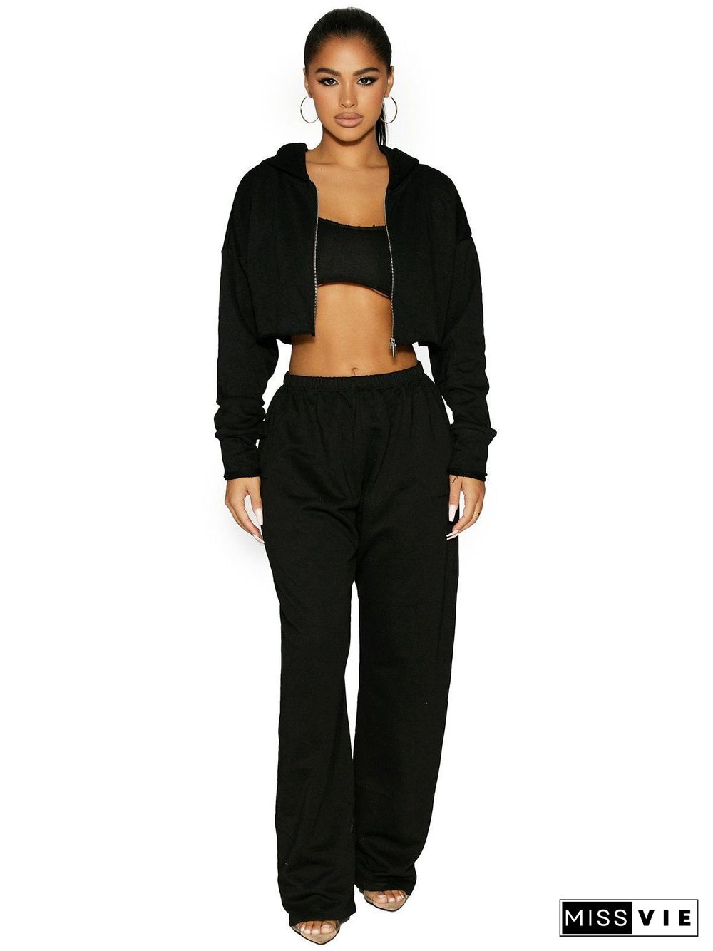 Thicken Zip Hooded Crop Top Wide Leg Pants Set