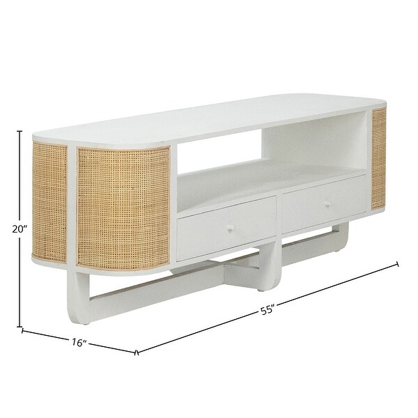 Luna 55-inch Mindi Wood and Rattan 4-Drawer Media Center with One Fixed Shelf in White