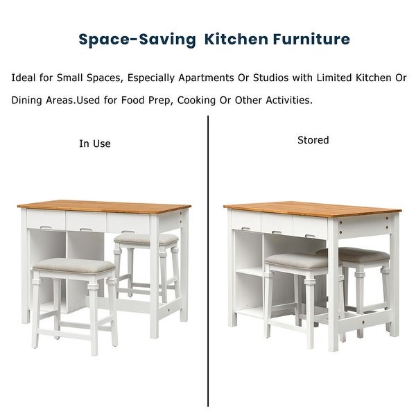 Farmhouse Kitchen Island set， including 2 stools and dining table with lockers， drawers and fallen leaves