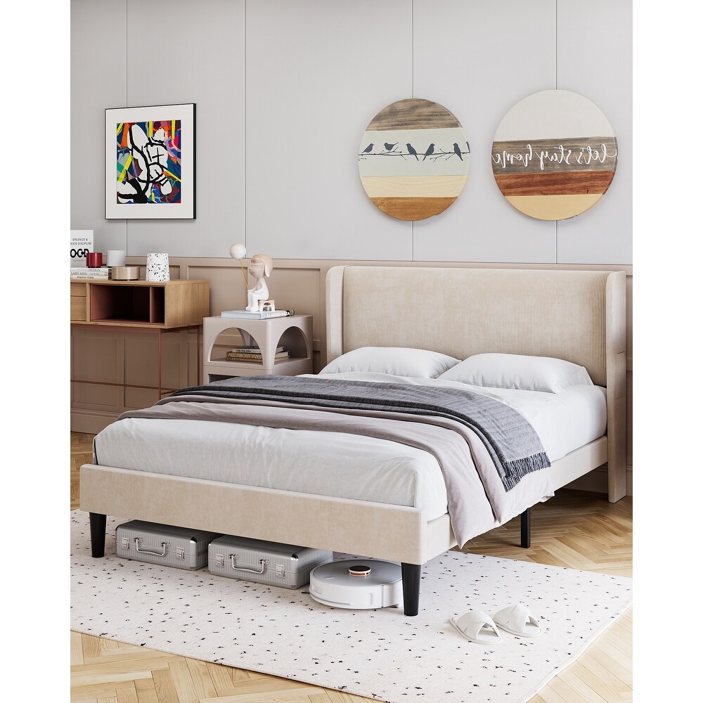 Upholstered Platform Bed Frame with Wingback Headboard