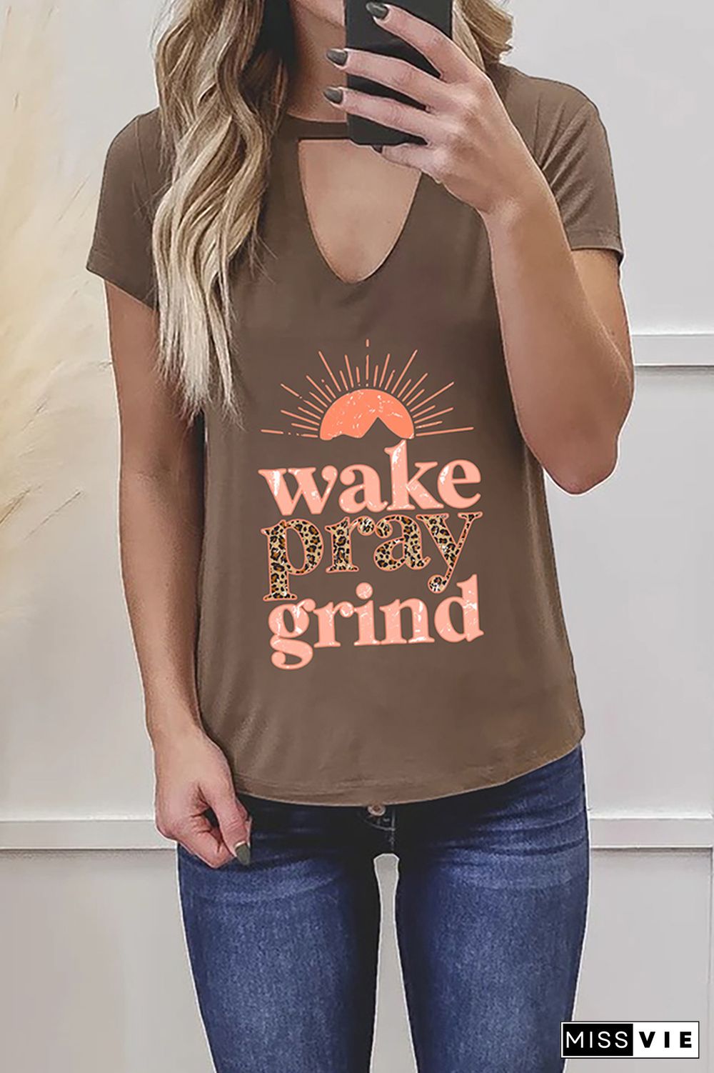 Wake Pray Grind Leopard Graphic Tees for Women Wholesale Short Sleeve T shirts Top