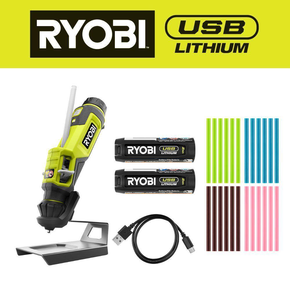 RYOBI Glue Pen Kit with (2) USB Lithium Batteries Charging Cable and  Mini Variety Color Glue Sticks (24-Pack) FVH56K-A1932410-FVB01