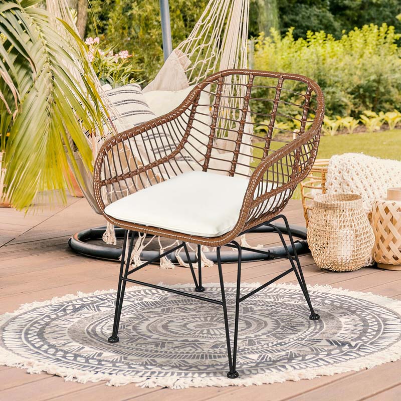 3 Pcs Patio Conversation Bistro Set Outdoor Rattan Furniture Set with Round Table & 2 Rattan Cushioned Armchairs