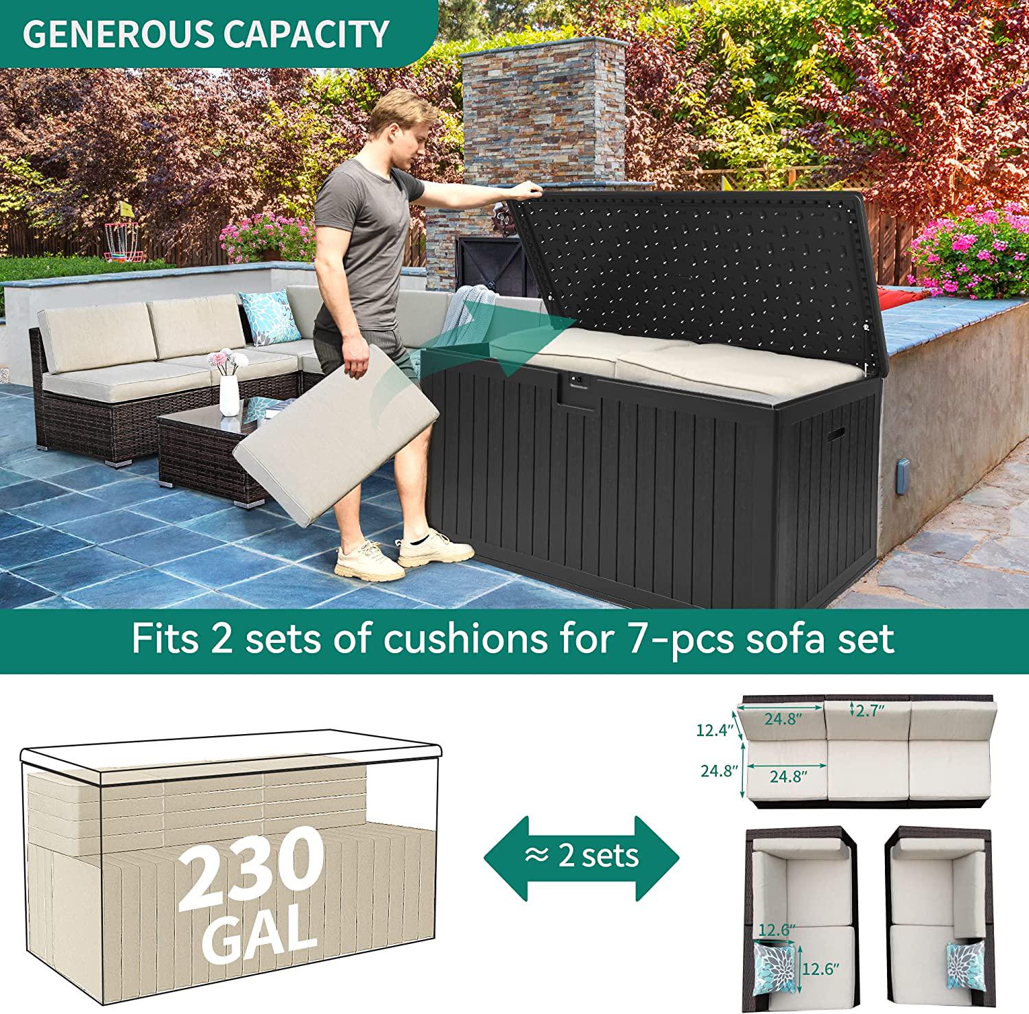 YITAHOME XXL 230 Gallon Large Deck Box,Outdoor Storage for Patio Furniture Cushions,Garden Tools and Pool Toys with Flexible Divider,Waterproof,Lockable (Black)