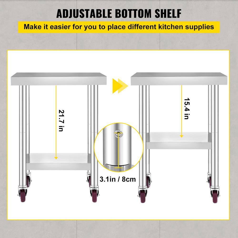 VEVOR Kitchen Prep Table 24 x 18.1 x 33.9 in. Stainless Steel Rolling Table with Wheels and Brake Kitchen Utility TableSilver CFGZT24X18X34YC01V0
