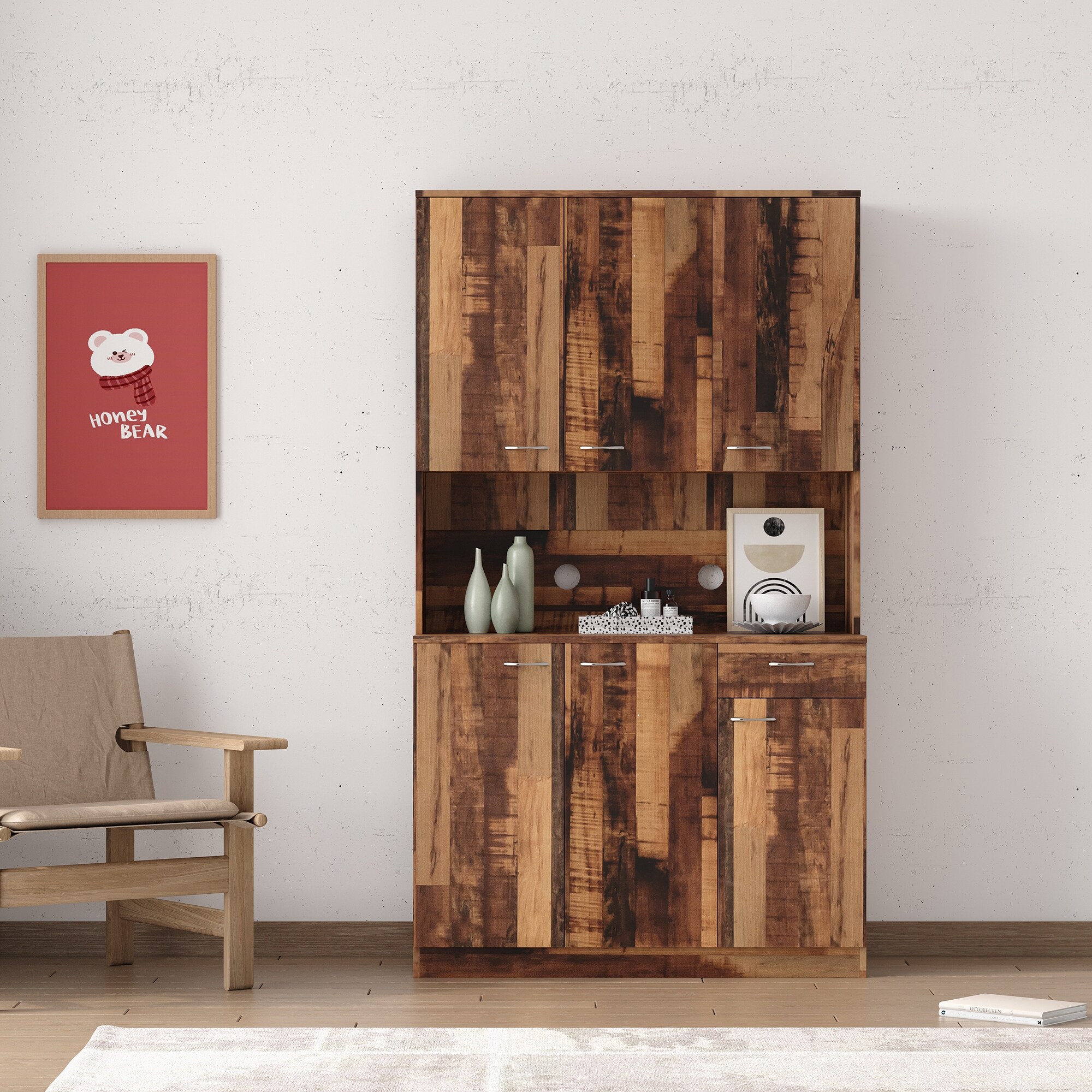 Rustic Farmhouse Tall Wardrobe， Armoire with Shelves， Open Compartment and Drawer， Freestanding Storage Closet Wardrobe Cabinet - - 36577353