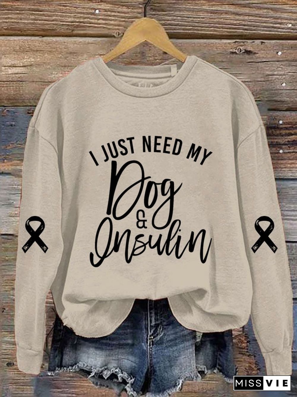 Women's All I Ned Is My Dog And Insulin Print Crew Neck Sweatshirt