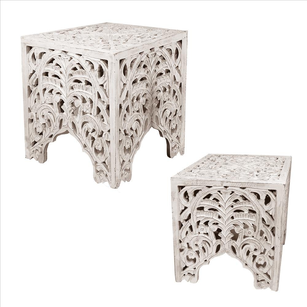 Wooden End Table with Floral Cut Out Design， Set of 2， Antique White - 18 H x 18 W x 18 L Inches