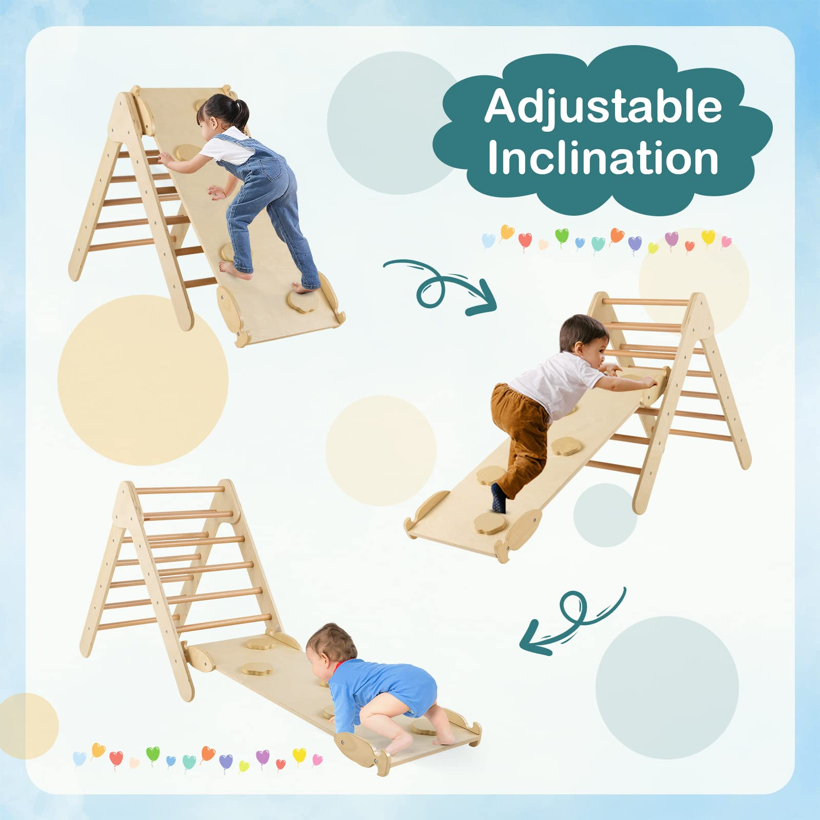 Costzon Wooden Climbing Toys for Toddlers, 3 in 1 Montessori Triangle Climber with Adjustable Angle Ramp for Climb & Slide