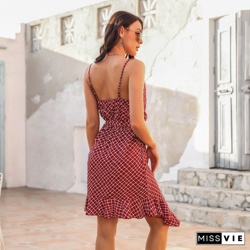 Elegant Women Summer Dresses Ruffled Irregular Hem Plaid Sling Dress New Casual Spaghetti Strap Lace-up Backless Midi Dress