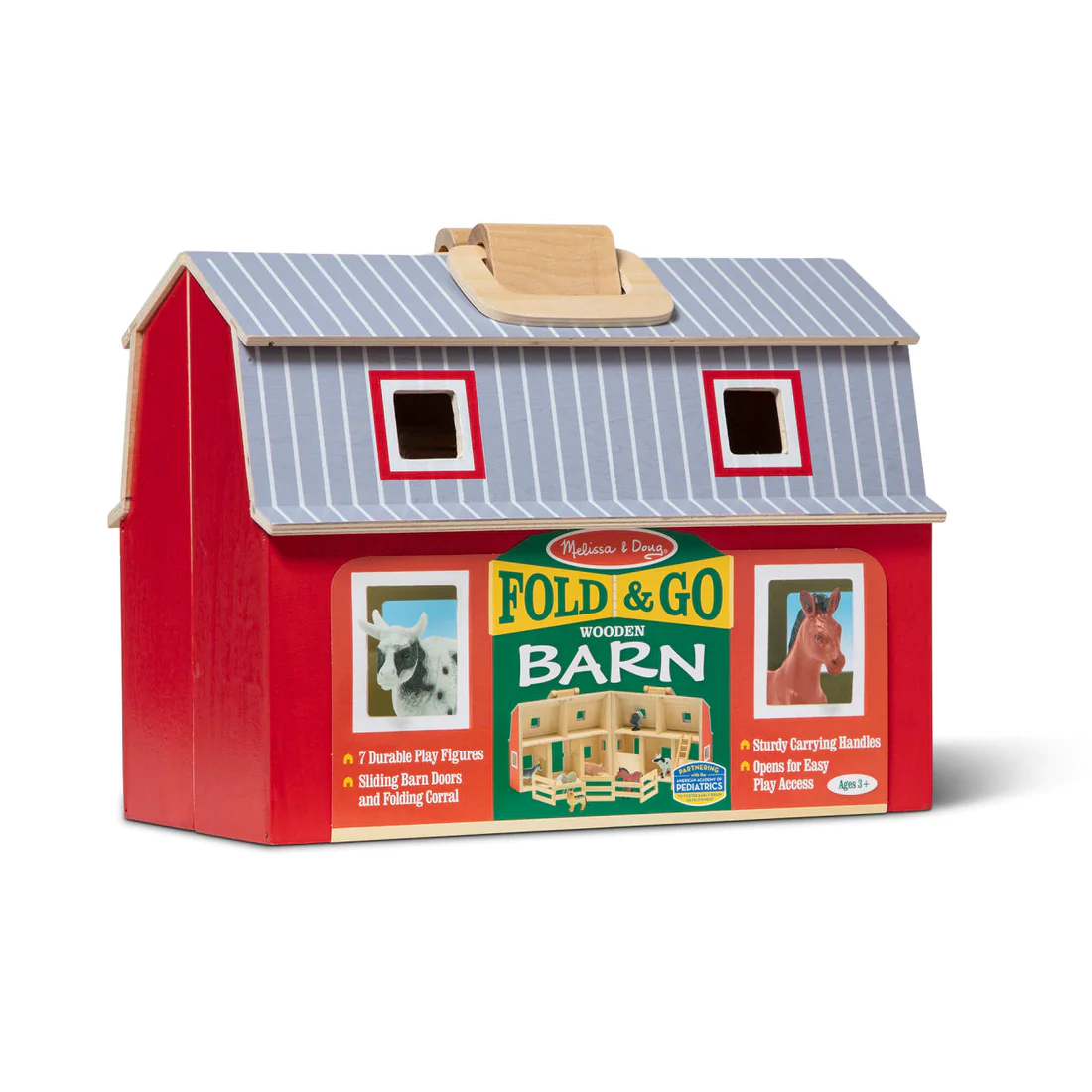 Melissa and Doug Fold and Go Wooden Barn With 7 Animal Play Figures - Farm Animals Barn Toy， Portable Toys， Farm Toys For Kids And Toddlers Ages 3+