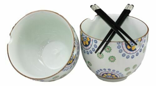 1 Japanese Design Ceramic Spring Flowers Ramen Noodles Bowl and Chopsticks Set of 2 EBR02