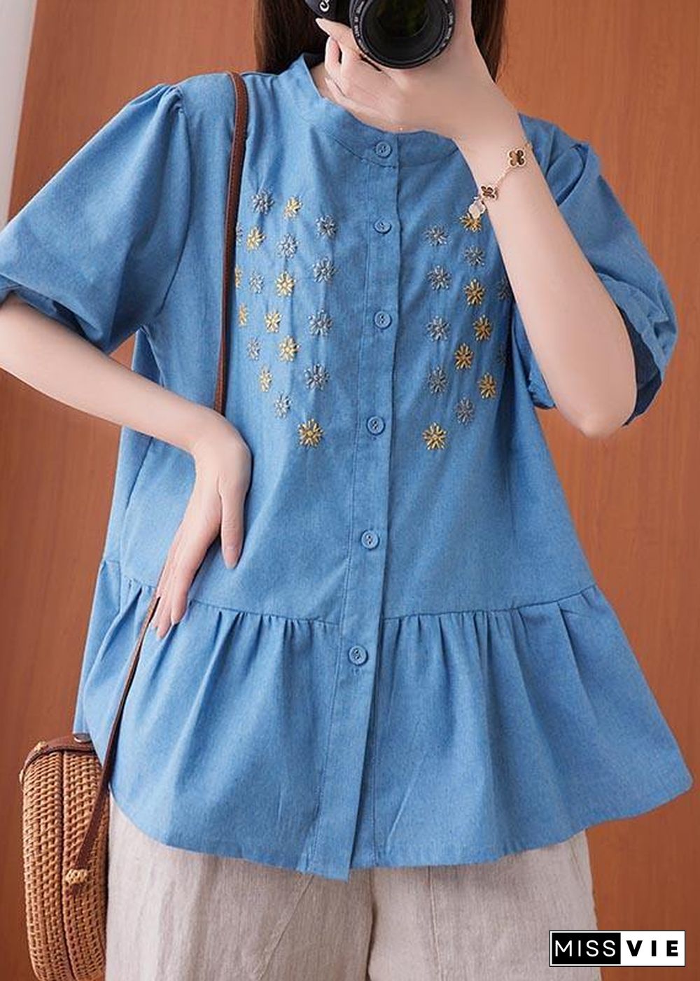 Women Blue Embroideried O-Neck Cotton Summer Shirts