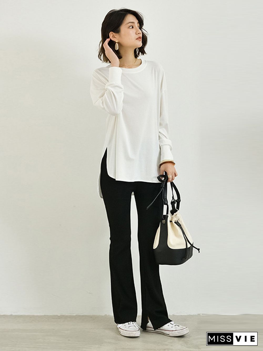 Simple Long Sleeves Loose Split-Side Solid Color Round-Neck T-Shirts Tops