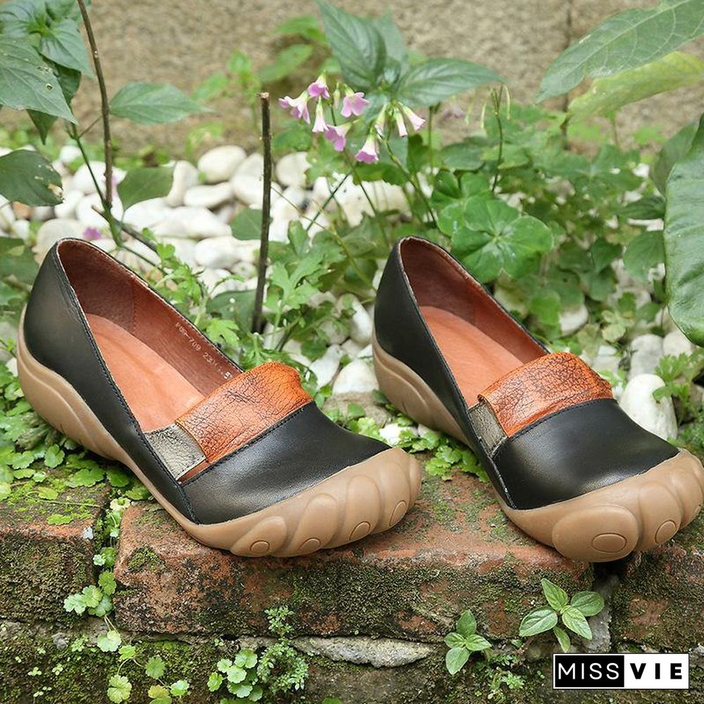 Chocolate Genuine Leather Vintage Flats  Flat Feet Shoes