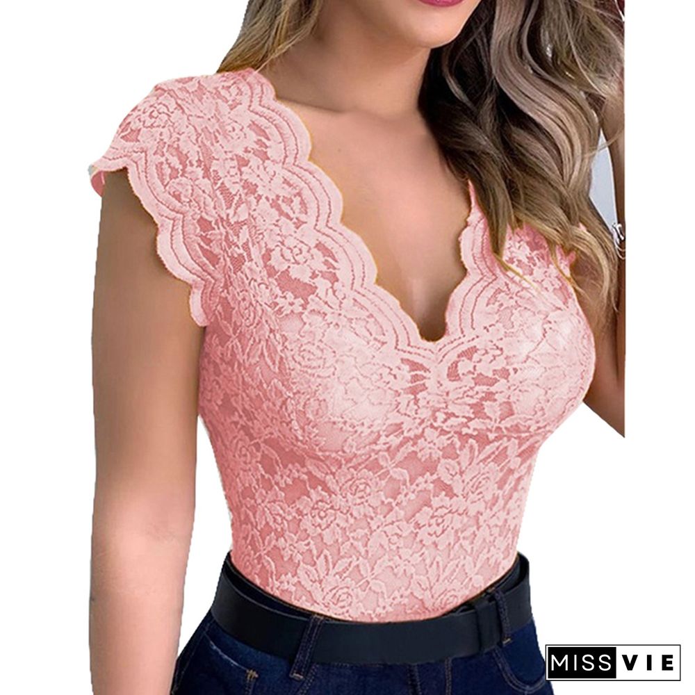 Women Sexy V Neck Lace Vest Top Sleeveless Solid Wire Free Tops Female Elegant Clothing Ladies Casual Plus Size Underwear