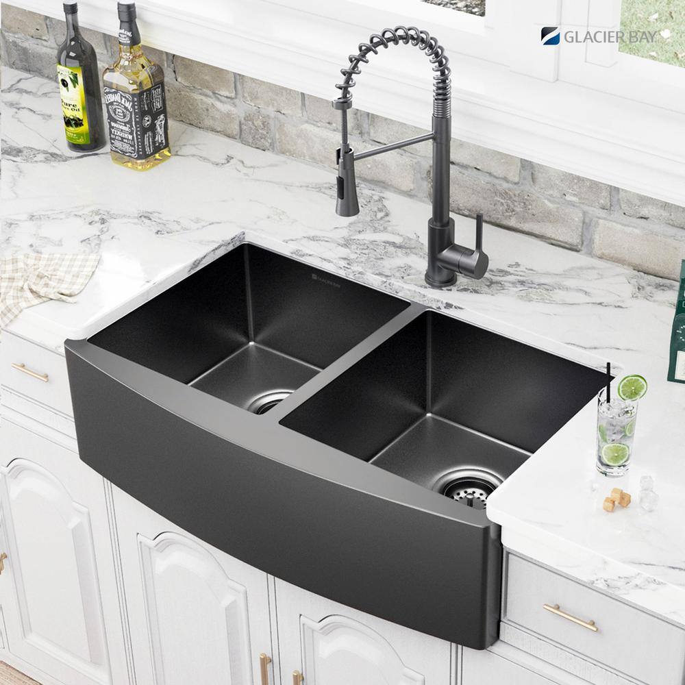 Glacier Bay Gunmetal Black Stainless Steel 36 in. 18-Gauge Double Bowl Farmhouse Apron Kitchen Sink ACS3621A2Q