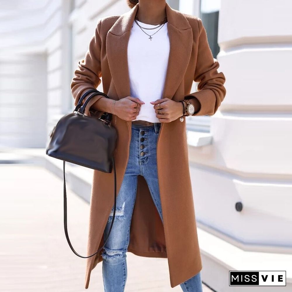 New Fashion Women Long Sleeve Lapel Woolen Coat Casual Solid Single Breasted Jacket Ladies Loose Commuter Temperament Coats