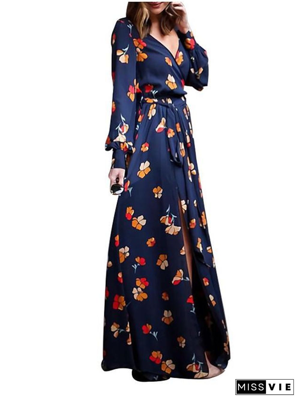 Women's Chiffon Dress Maxi long Dress Long Sleeve Floral Split Print Spring Casual Linen Royal Blue S M L XL XXL 3XL Black Dresses