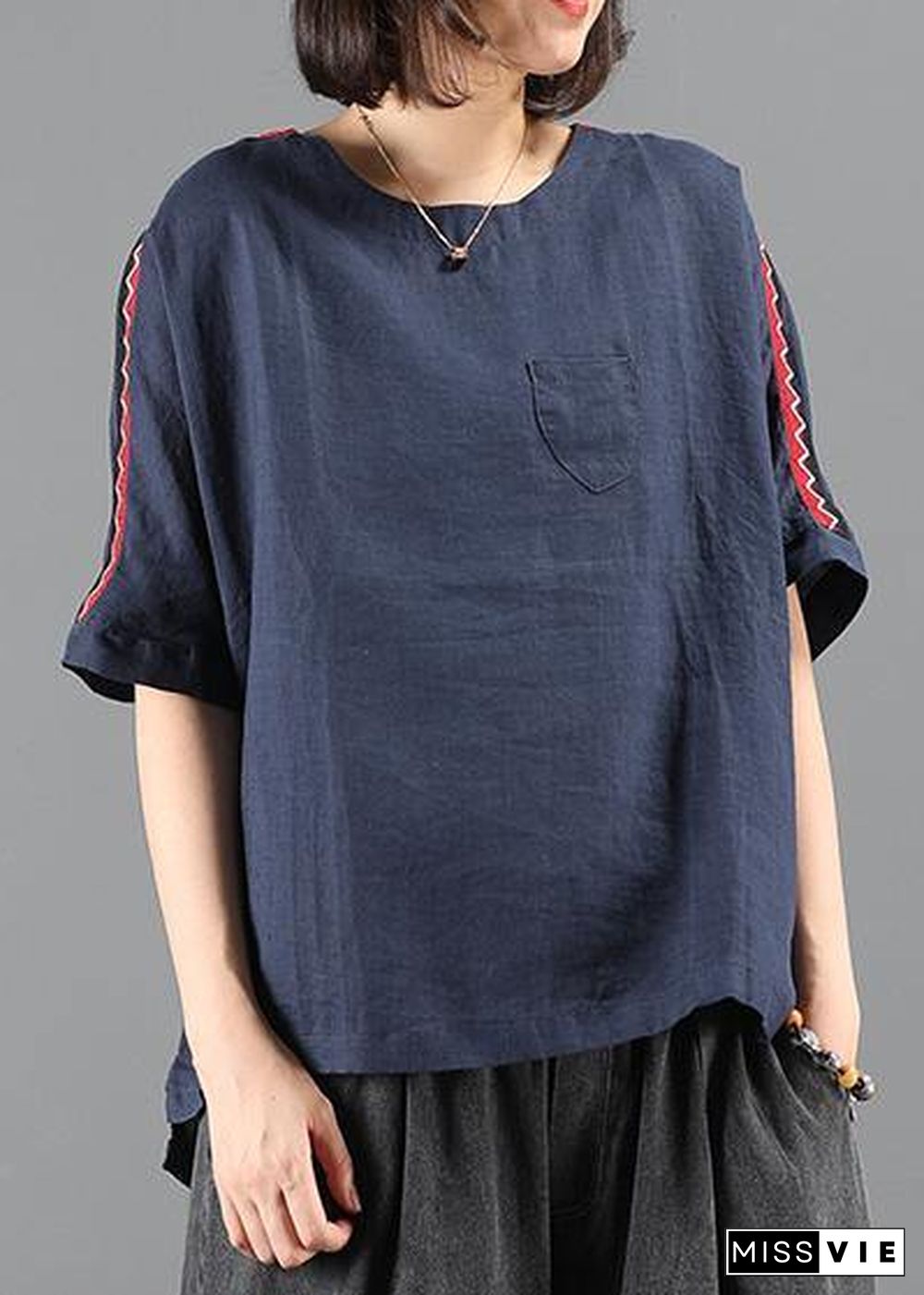 Women o neck patchwork summer tops navy Plus Size Clothing top