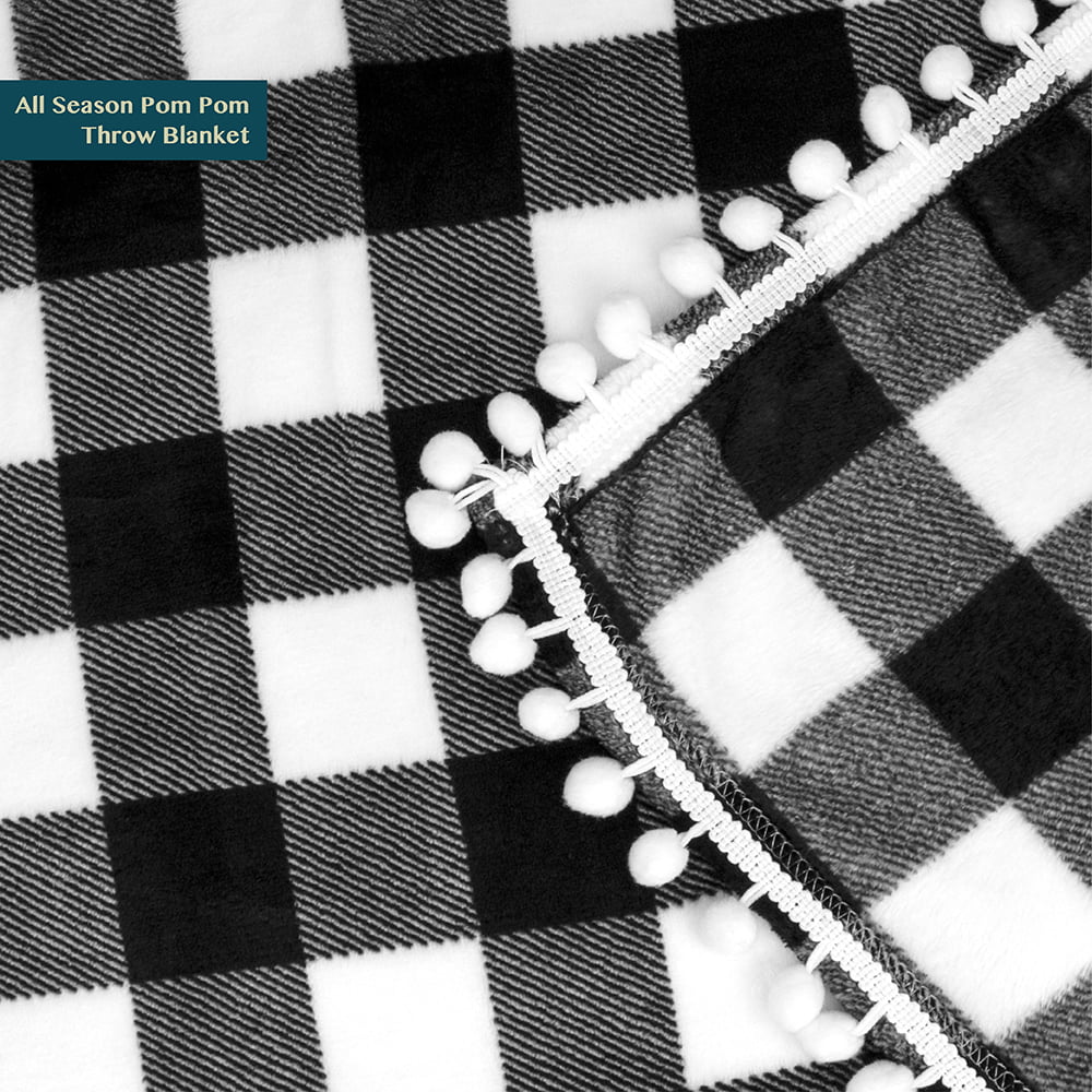 PAVILIA Fleece Throw Blanket with Pom Pom Fringe | Buffalo Plaid Checkered White， Black Flannel Throw | Super Soft Lightweight Microfiber Polyester | Plush， Fuzzy， Cozy | 50 x 60 Inches