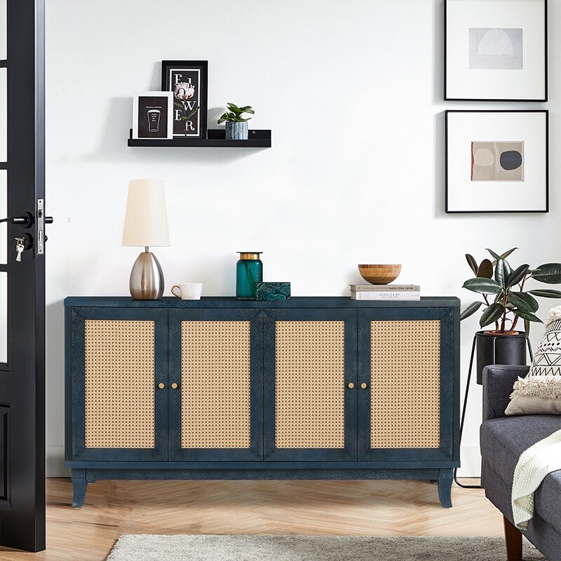 Cabinet Sideboard Wooden Cabinet with 4 Rattan Doors for Hallway  Entryway  Living Room  Bedroom