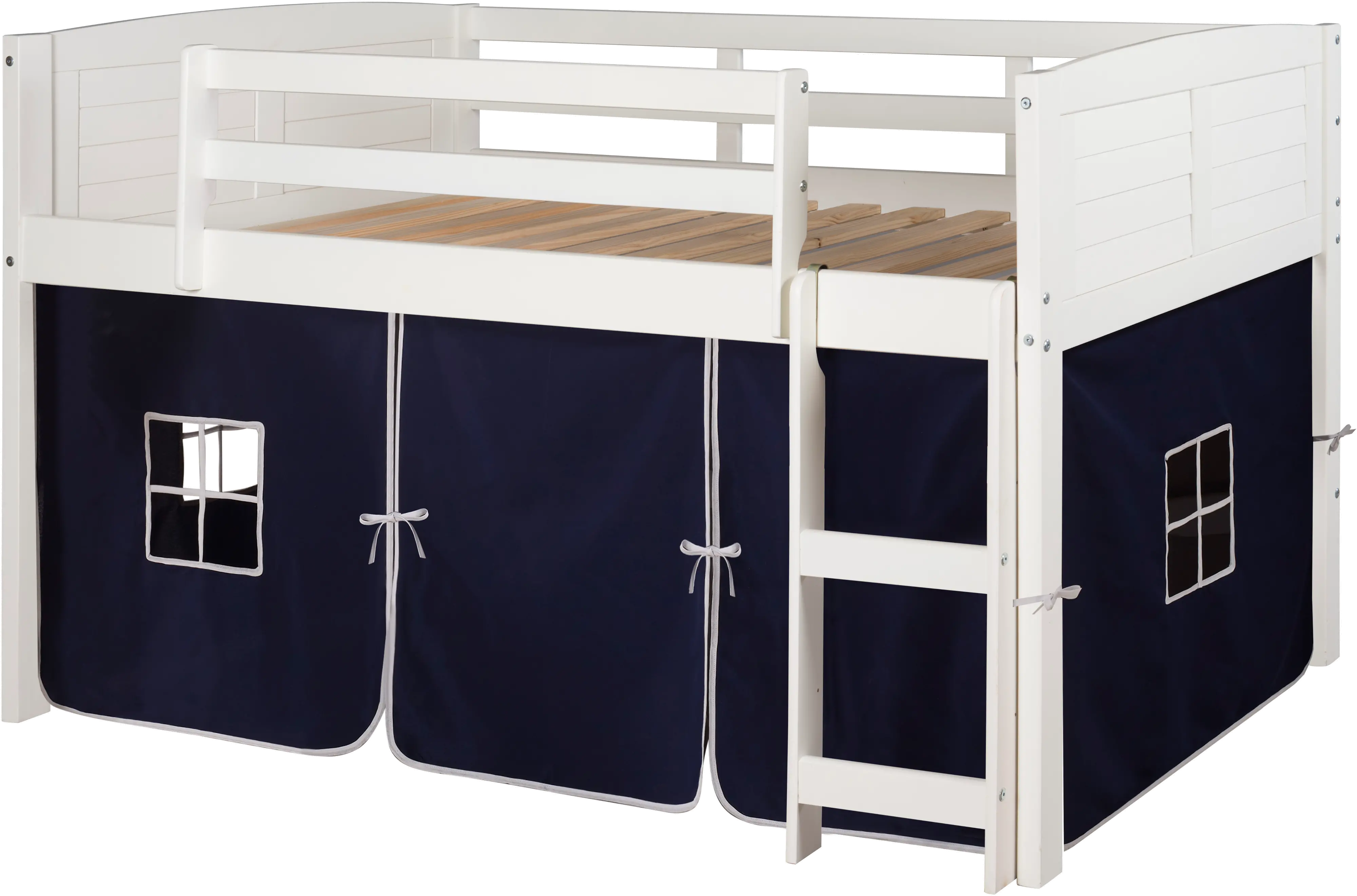 Louver White Twin Loft Bed with Navy Blue Tent